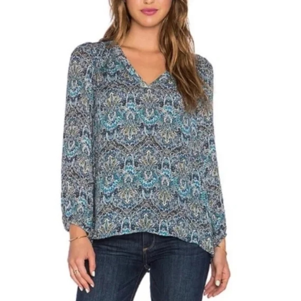 Joie Avonmora 100% Silk Blouse in Tile Blue Paisley Print Top Long Sleeve Size S